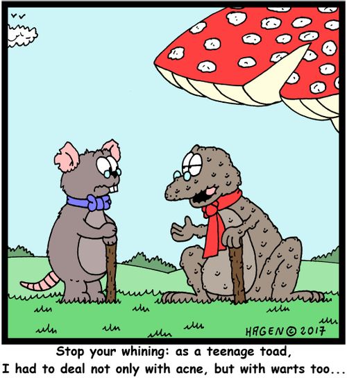 "Stop your whining: as a teenage toad, I had to deal not only with acne, but with warts too..."