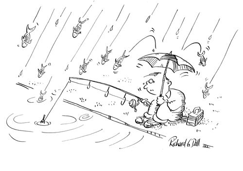 Fisherman being rained on by fish