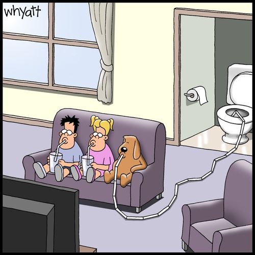 A dog drinks from a toilet with a long straw.