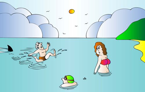 A man runs on the water from a shark.