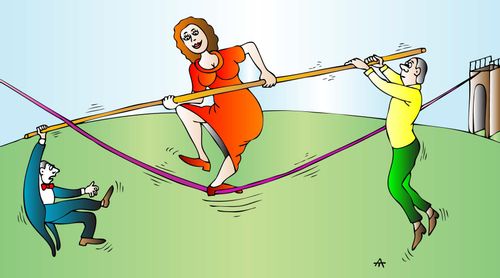 A woman balances two men on a tightrope.