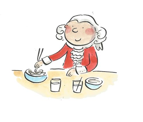 Mozart eating noodles with chopsticks