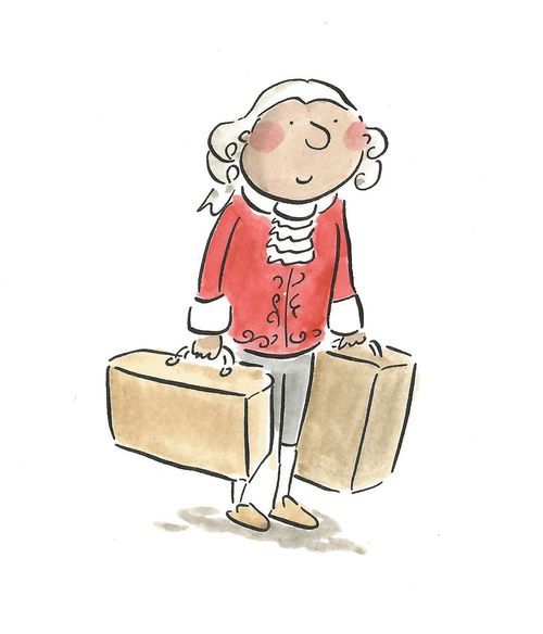 Mozart carrying suitcases