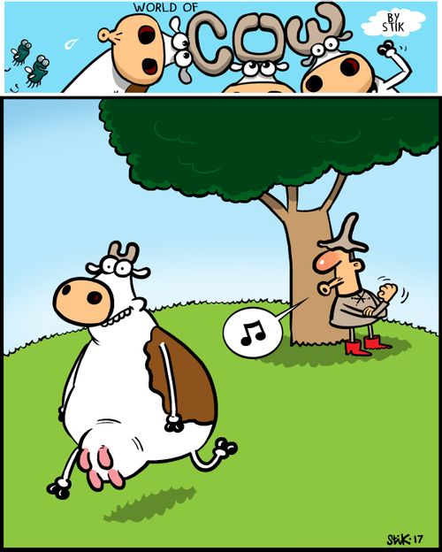 A man makes a lewd gesture towards a cow.