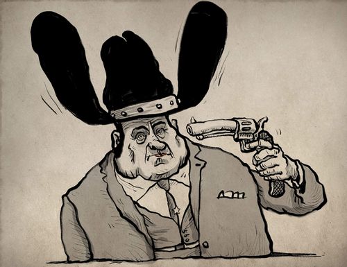A Texan pointing a revolver at his own head