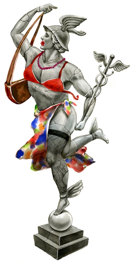 A statue of Mercury is defaced with a purse, stockings, a bra and lipstick.