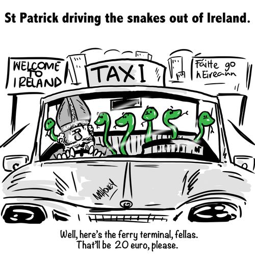 St Patrick driving the snakes out of Ireland.