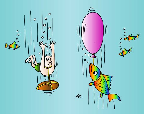 A man sinking with a rock tied to him passes a fish with a balloon tied to him.