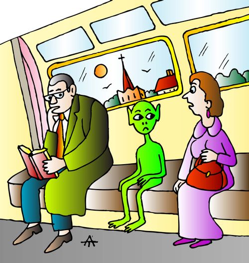 An alien takes a train.