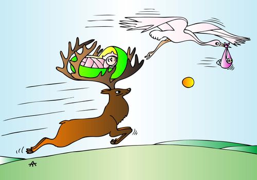 A stork races a deer while both carry a newborn.