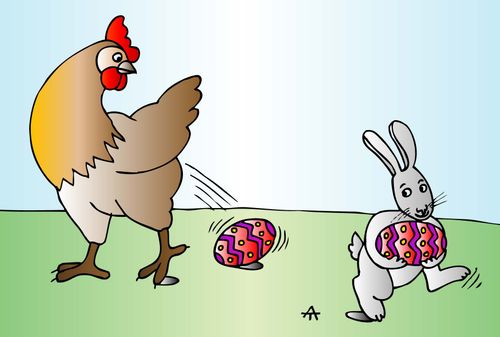 A chicken lays Easter eggs for the Easter bunny.