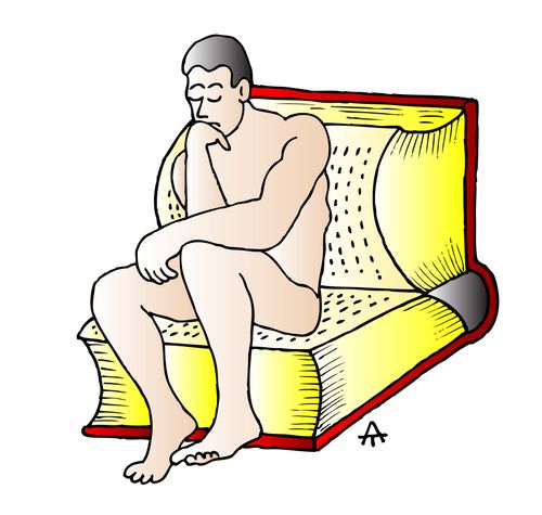A man on a giant book poses as Rodin's The Thinker.