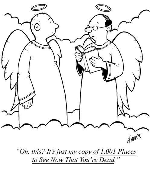 "Oh, this? It's just my copy of '1,001 Places to See Now That You're Dead'."