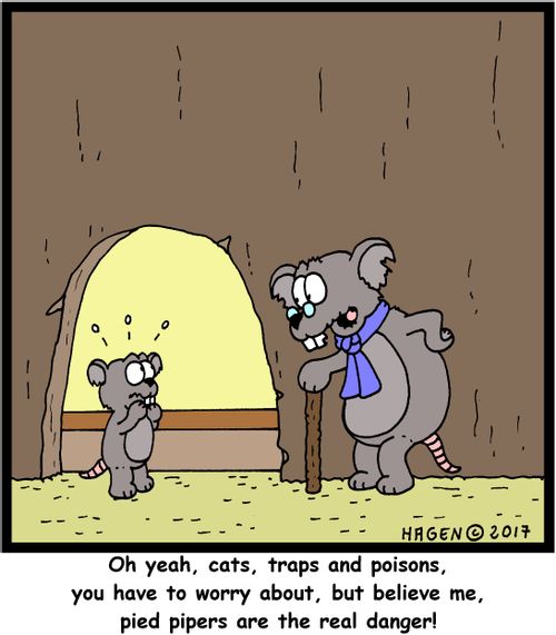 "Oh yeah, cats, traps and poisons, you have to worry about, but believe me, pied pipers are the real danger!"