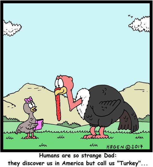 "Humans are so strange Dad: they discover us in America but call us 'Turkey'..."