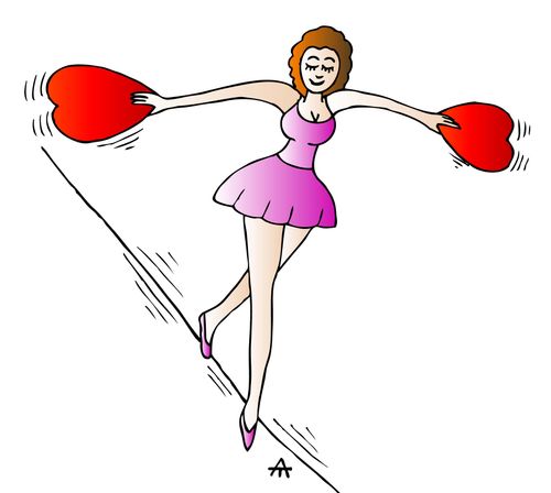 A tightrope walker balances while holding hearts.