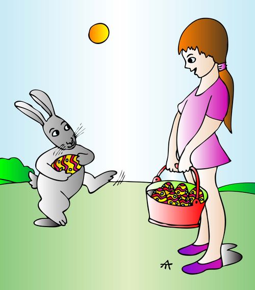 A girl meets the Easter bunny.