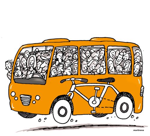 Bicycle and public transportation.