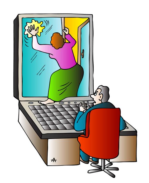 A woman pops out of a computer screen to clean it.