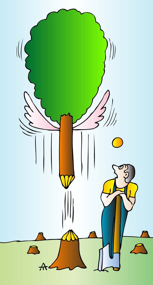 A chopped down tree grows wings and flies off.