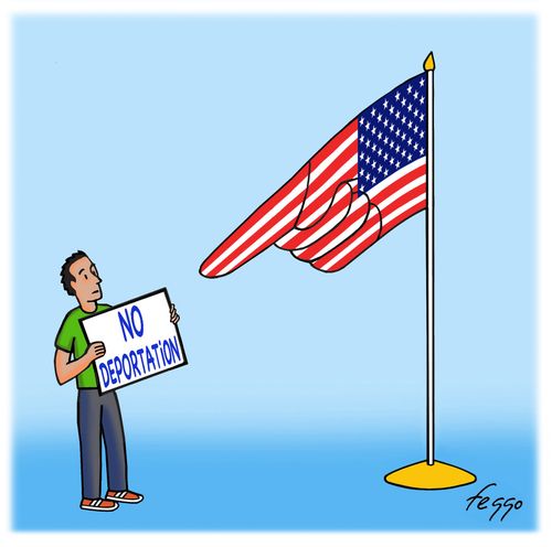 A person with a 'No Deportation' sign is targeted.