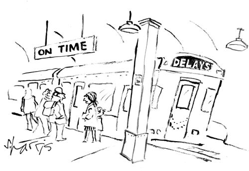 A train says 'Delays' while the board says 'On Time'