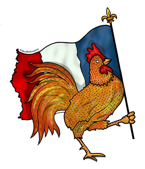A rooster carries the flag of France.