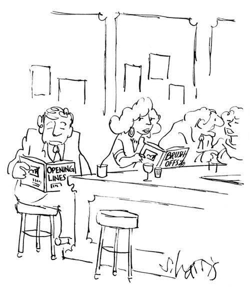 A man reads a book called 'Opening Lines' while a woman reads a book called 'Brush Offs'.