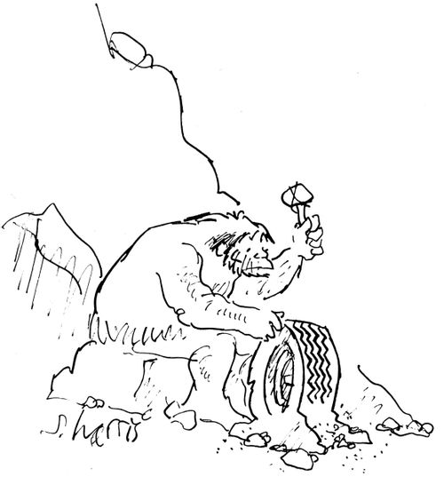 Caveman invents car tire.