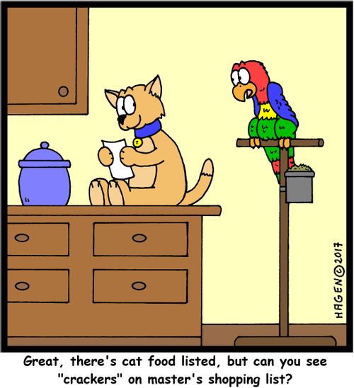 "Great, there's cat food listed, but can you see 'crackers' on master's shopping list?"