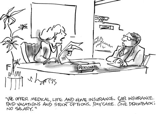 "We offer medical, life and home insurance. Car insurance, paid vacations and stock options. Daycare. One drawback: no salary."