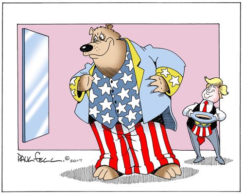 Trump dresses up a Russian bear in an American flag.