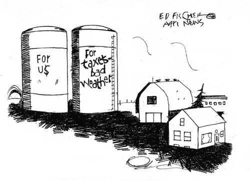 Two grain silos: One 'For Us' and one 'For taxes, bad weather.'