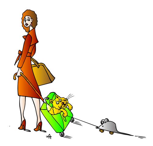 A woman drags a cat who drags a mouse toy.