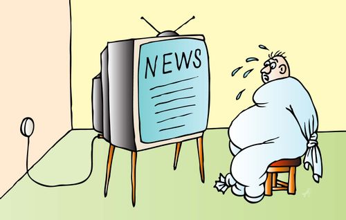 A man is tied to a chair and forced to watch TV news.