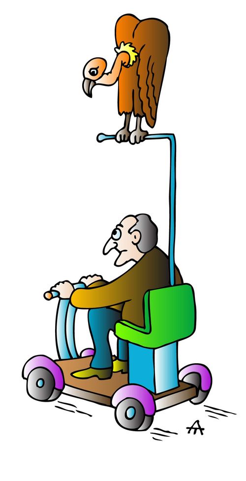 An old man notices a vulture waiting on his scooter.
