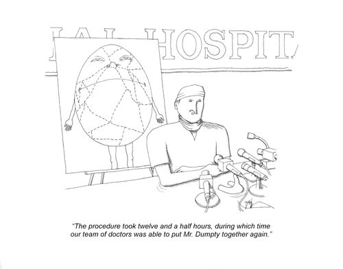 "The procedure took twelve and a half hours, during which time our team of doctors was able to put Mr. Dumpty together again."