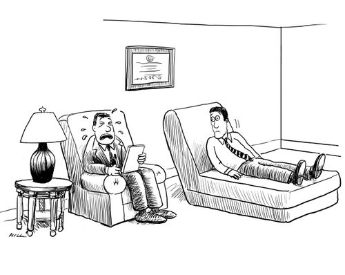 A psychiatrist breaks down crying in front of his patient.