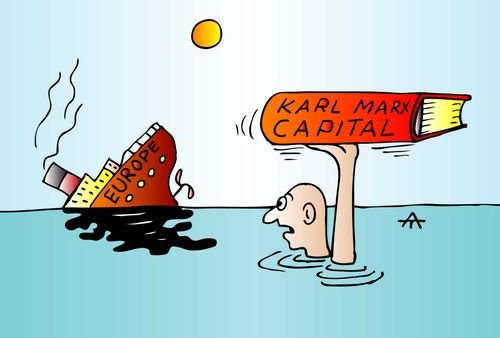 Europe sinks while a man holds a copy of Capital by Karl Marx.