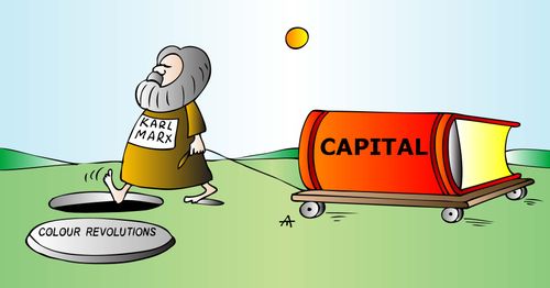 Karl Marx falls into the hole of a colour revolutions.