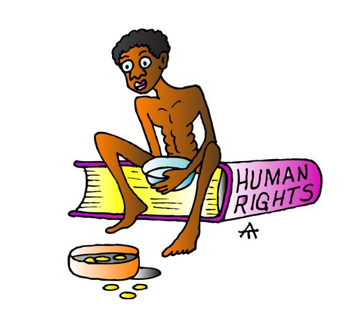 A starving man sits on a book labeled 'Human Rights'.