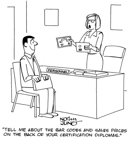 "Tell me about the bar codes and sales prices on the back of your certification diplomas."