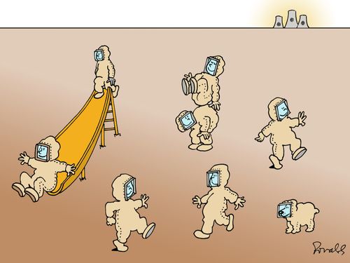Children play in hazmat suits after a nuclear apocalypse.
