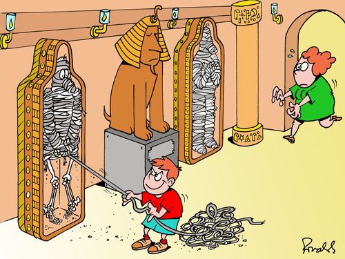 A child at a museum starts to pull the wrappings off a mummy.
