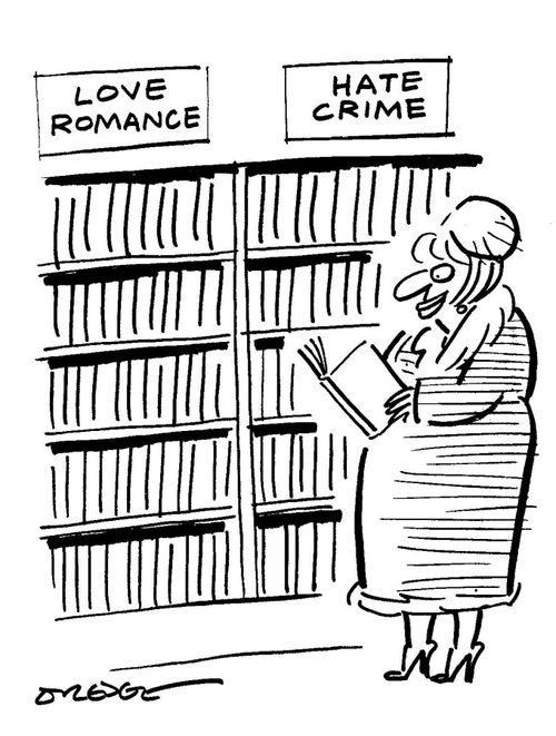 The 'Love Romance' section is next to the 'Hate crime' section in a bookstore.