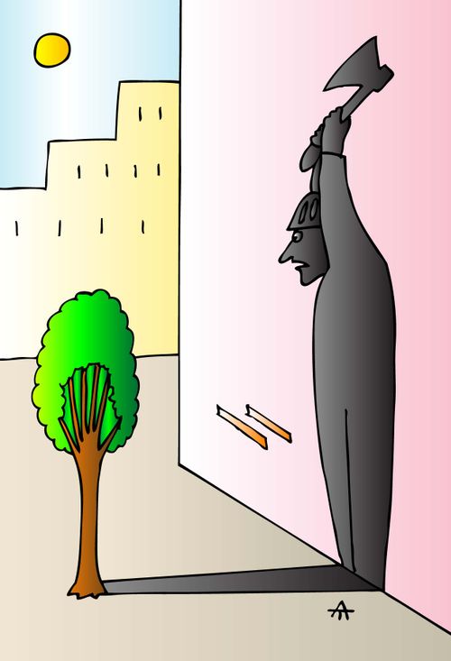 The shadow of a tree is a man about to chop it down.