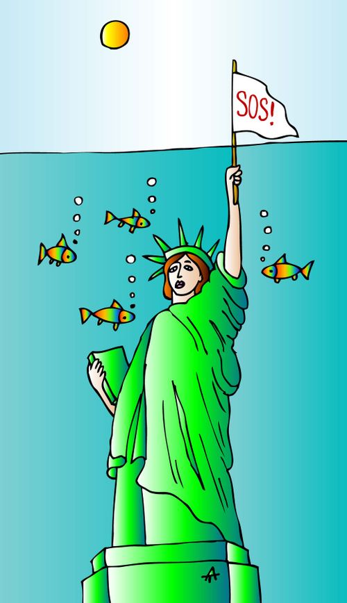 The Statue of Liberty holds up an SOS flag while underwater.