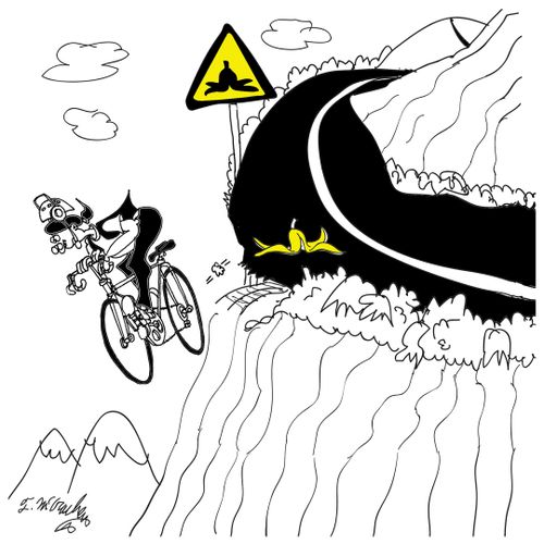 A woman bicycling slips on a banana peel.