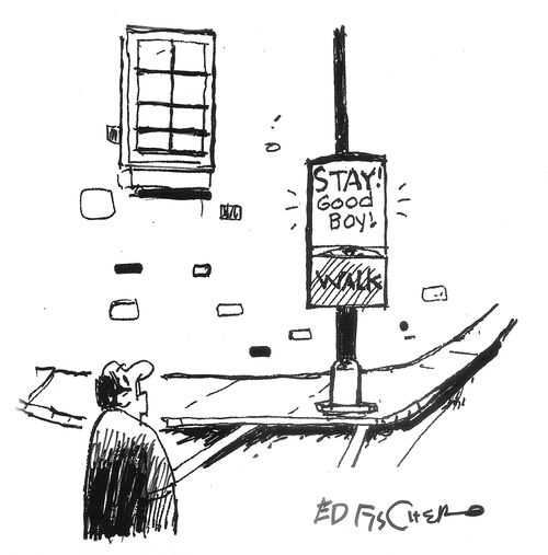 Crosswalk sign reads 'Stay! Good boy!"'