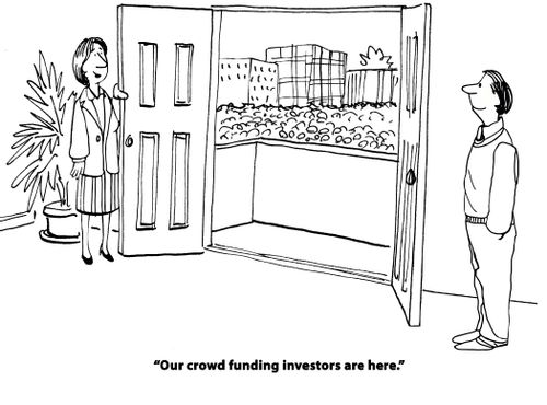 Cartoon about having many investors for crowd funding. 